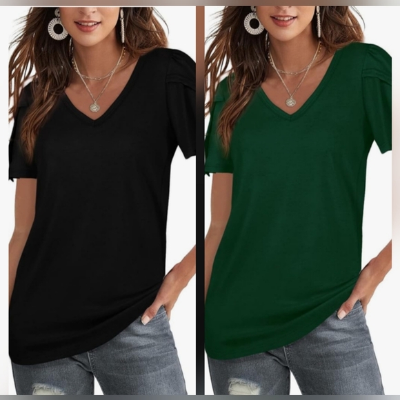 sousuoty Tops - V-Neck Petal Sleeve Top - Black and Green